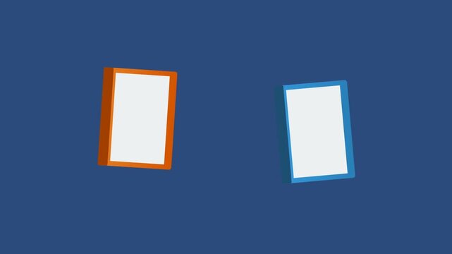 Orange and blue rectangular frames floating against a plain blue background