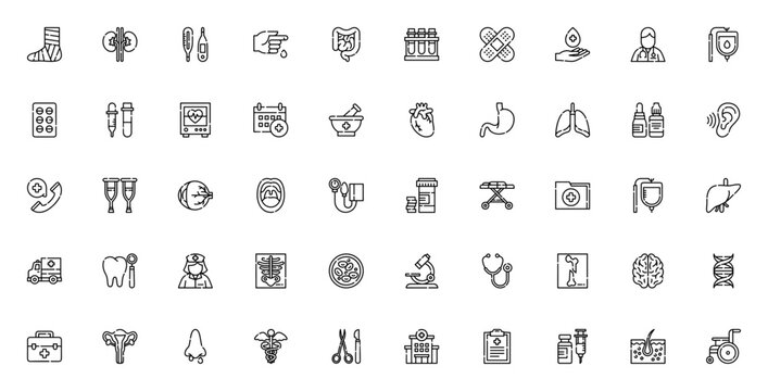 Medical 3022 icon set. Health icons. Includes broken leg, kidney, thermometer, injury, blood, doctor, heart, lungs, stethoscope, brain, dna, hospital, vaccine, wheelchair and more.
