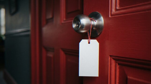 A close-up shot of a bright red wooden door featuring a silver doorknob with a blank white paper tag hanging from it by a red string.