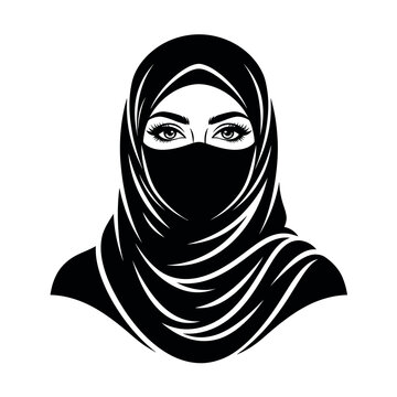 Minimalist black and white vector illustration of a woman wearing a traditional hijab and niqab.