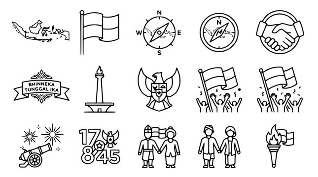 Indonesia Independence Day Icons: Flag, Map, Garuda, Monas, Unity Symbols