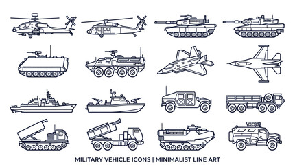Military Vehicle Icon Set Minimalist Line Art © Dhiyak