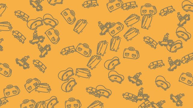 Doodle travel icons featuring suitcases, vans, backpacks, and luggage items, perfect for travel websites, blogs, and social media posts.