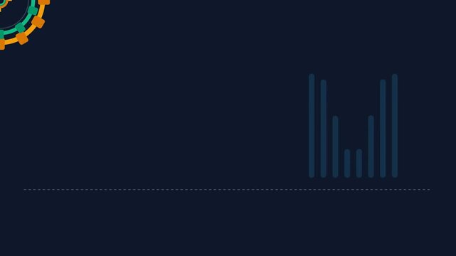 Minimalist dark background featuring abstract gear and bar graph elements