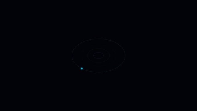 A single blue light dot moving along an elliptical path in total darkness