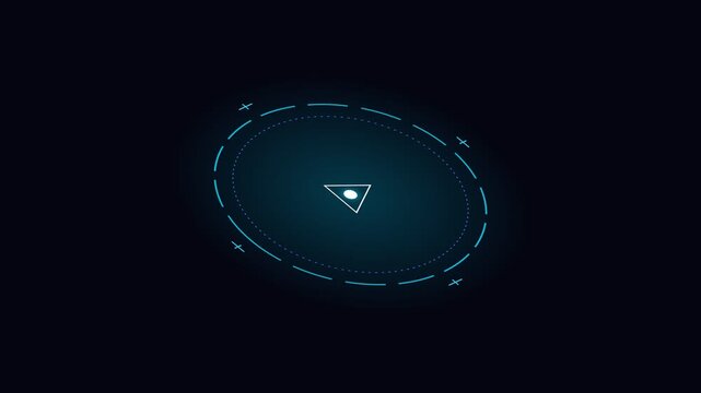 A glowing blue digital circular interface with a central triangle icon