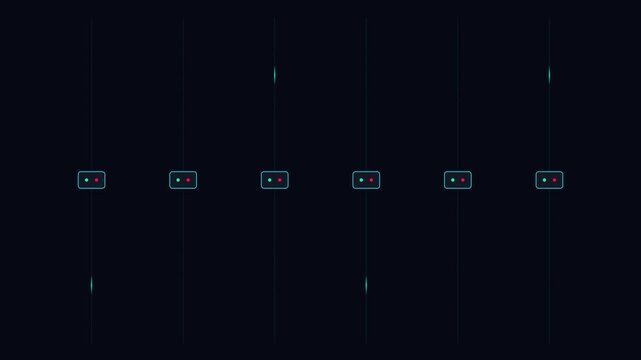 Minimalist blue glowing rectangles with vertical light streaks on black