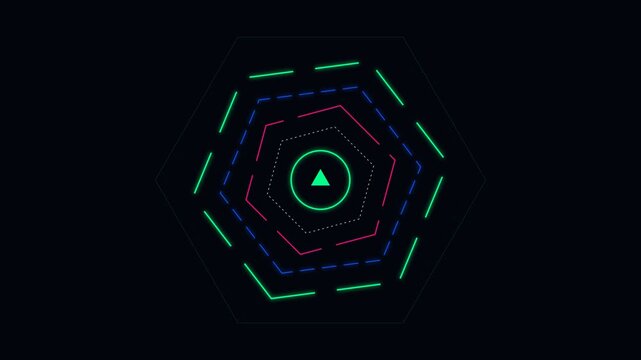 Abstract neon geometric shapes radiating from a central glowing triangle