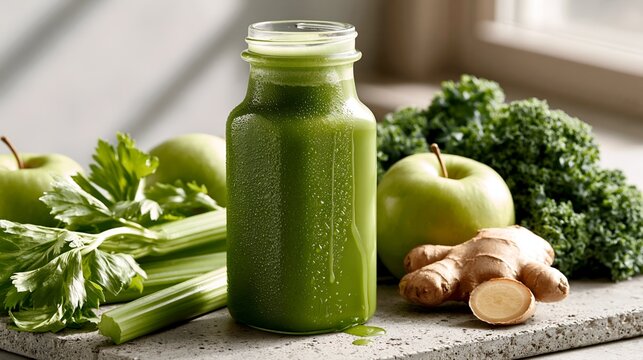Fresh cold pressed green juice glass bottle vegetables on table
