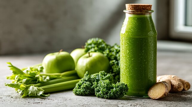 Fresh cold pressed green juice glass bottle vegetables on table
