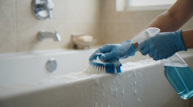 A close-up view of a person wearing blue rubber gloves using a scrub brush and cleaning spray to clean a white bathtub in a bathroom.