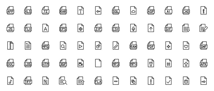 File type icon set. Minimal vector icons pack. Document format collection. Includes App, Xls, 7z, Rar, Sql, Asp, AI, Cad, Zip, Js, Flv, Eps, Csv, Audio, Video, Pdf, Swf, Doc, Log, Htm, 3gp, Mp3, Mp4, 