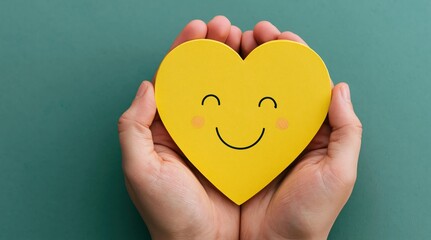 Hands cradling a yellow heart with a smile to show love care kindness and support