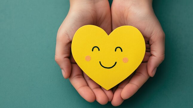 Hands holding a yellow heart with a happy smiling face showing love and kindness