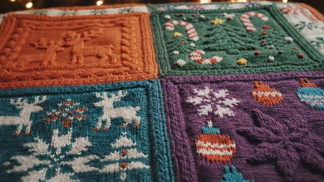 Macro view of four knitted textile squares featuring orange reindeer pattern, green panel with candy canes and stars, teal snowflake design, and purple wool section for Christmas.