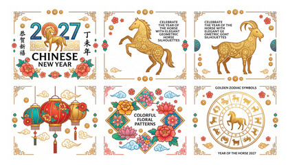 Naklejka premium 2027 chinese new year festive set featuring golden horse and goat zodiac symbols with traditional paper lanterns festival celebration decorative traditional greeting illustration prosperity