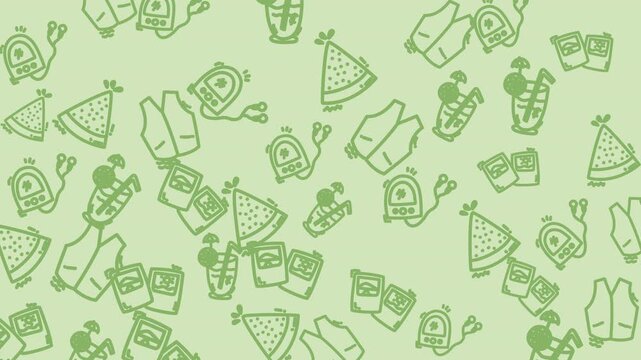 Features fun summer beach party elements like green watermelons, life vests, portable radios, and tropical drinks. Perfect for tropicalthemed designs.