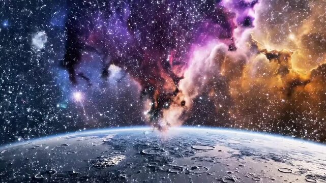 Showcasing carina nebula with interstellar gas, stars, cosmic dust, craters, and planet. Ideal for astronomy, science, and educational projects.