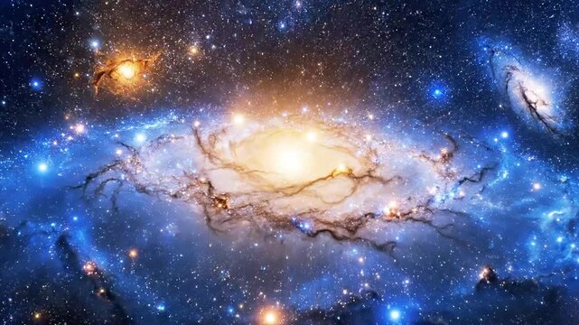 Spiral galaxy andromeda surrounded by distant stars, bright nebula, cosmic dust, and stellar clusters. Perfect for spacethemed designs and educational materials.