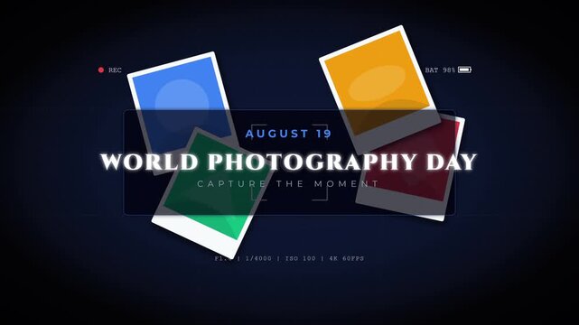 World Photography Day animated title card with instant photos and text reveal