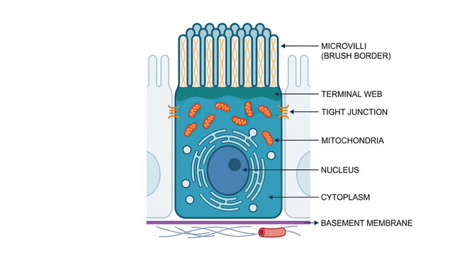 Epithelial Cell Cross-Section: Microvilli, Nucleus, Mitochondria, Cytoplasm, Basement Membrane