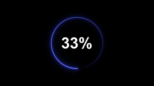 Neon blue circular loading progress bar animation with 33 percent counter, digital technology interface for web and app ui