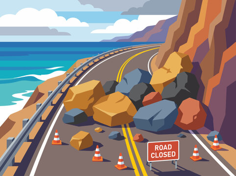This vivid illustration captures a rockslide that has blocked a coastal road, signaling an important safety message about natural disasters and their impact on infrastructure and travel.