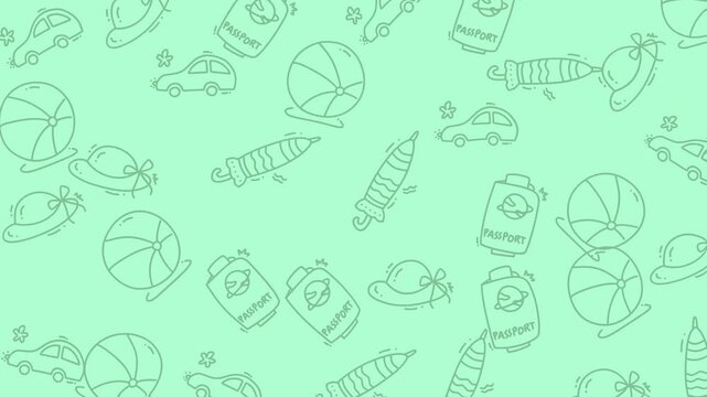Repeating outline patterns of toy cars, beach balls, rockets, and baby hats. Perfect for kids apparel, stationery, and wallpaper design.