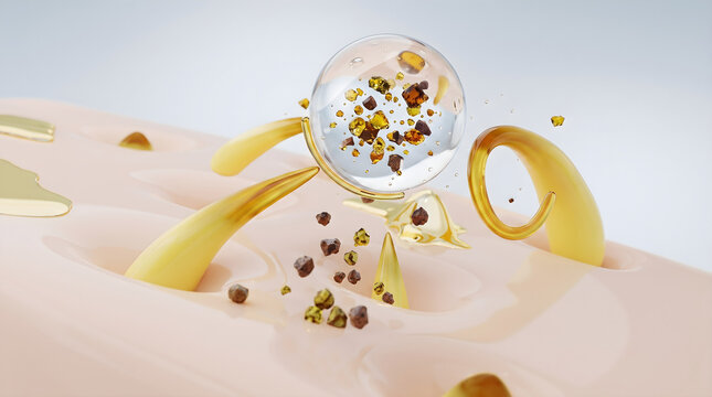 Peeling exfoliating capsule extracts dead cells from skin surface.Cleanses clogged pores and promotes smooth renewed tissue texture. 3D rendering.