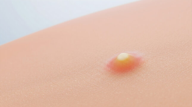 Inflamed acne pustule forms on the outer epidermis layer.Highlights localized skin inflammation and bacterial infection. 3D rendering.