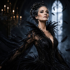 Powerful dark queen wearing luxurious black feather gown inside gothic castle, elegant mature woman with dramatic fashion, fantasy royalty, mysterious female ruler, cinematic portrait © Giovanna