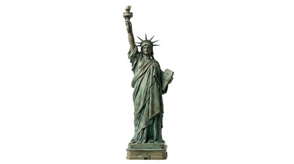 Fototapeta premium Verdigris bronze statue of liberty figurine standing isolated on white background