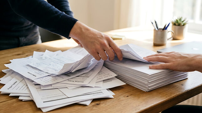 Hands Organizing Paperwork into Organized Stack on Wooden Desk