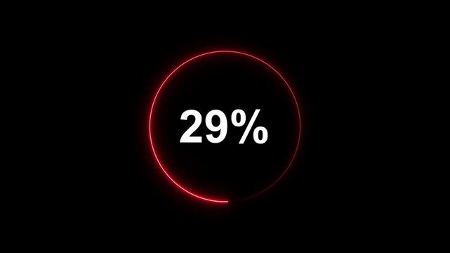 Red neon circular loading progress bar animation with 29 percent counter on black background, circle