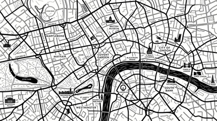 London City Map Outline - Black and White Street Grid with River Thames © Yumna