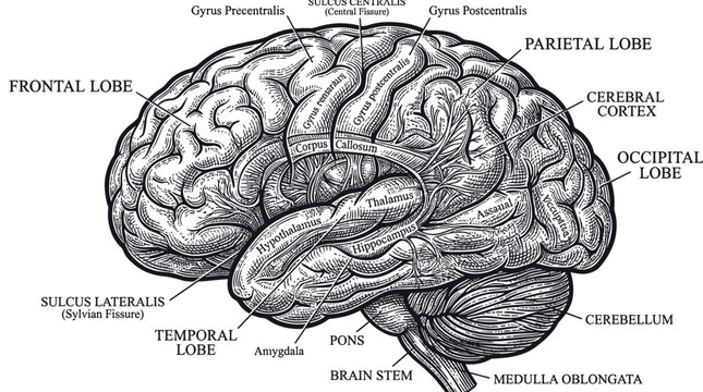 Detailed Human Brain Anatomy Diagram with Labels - Vintage Style