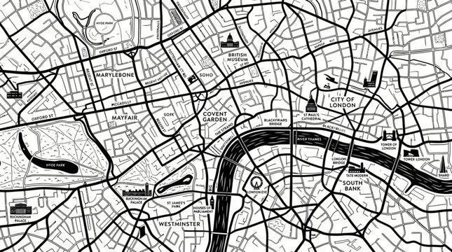 London City Map Outline - Black and White Street Grid with River Thames