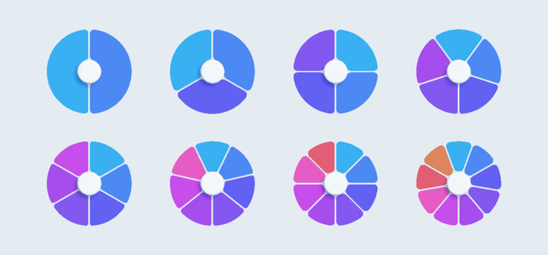 Set of eight circular business infographic templates with two to nine segments. Multi-colored pie charts with white center circles and subtle drop shadows on a light gray background.