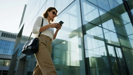 Fototapeta premium Woman in business attire walking outdoors while using smartphone near modern glass building