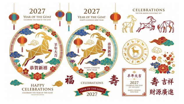 2027 year of the goat chinese new year decorative set featuring golden goat figures oriental round frames traditional lanterns and festive floral ornaments horoscope celebration traditional