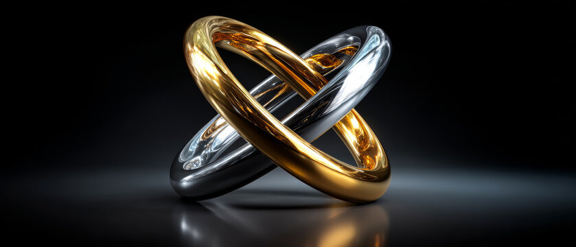 Intertwined gold and silver metallic rings abstract background