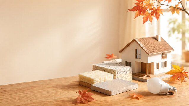 Home insulation and energy saving concept with model house, thermal insulation material samples and LED bulb on wooden table with autumn maple leaves and copy space,住宅模型と断熱材サンプル・LED電球を並べた住まいの断熱・省エネ