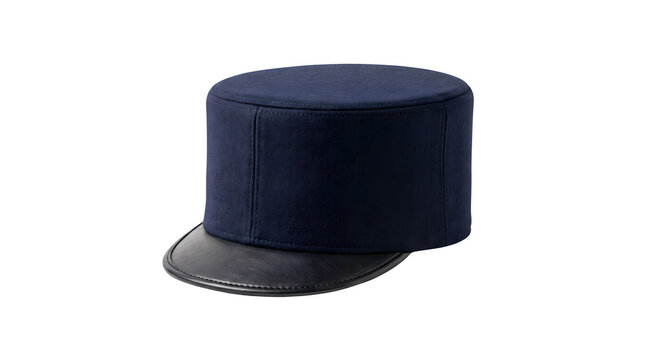 Vintage navy blue kepi hat with black leather visor, traditional military uniform cap, classic wool felt headwear for historical reenactment