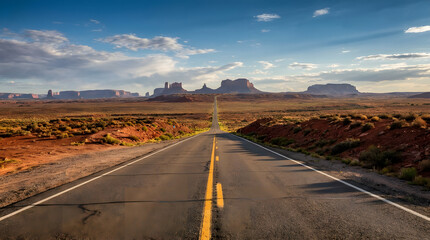 Naklejka premium Monument valley desert highway showcases stunning red rock formations, blue skies, and sandy landscapes. Perfect for travel blogs and marketing.
