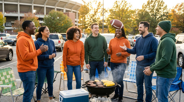 Happy friends, tailgate grill, outdoor parking lot stadium scene, football game fun. Perfect for sports event promotions, outdoor leisure activities.