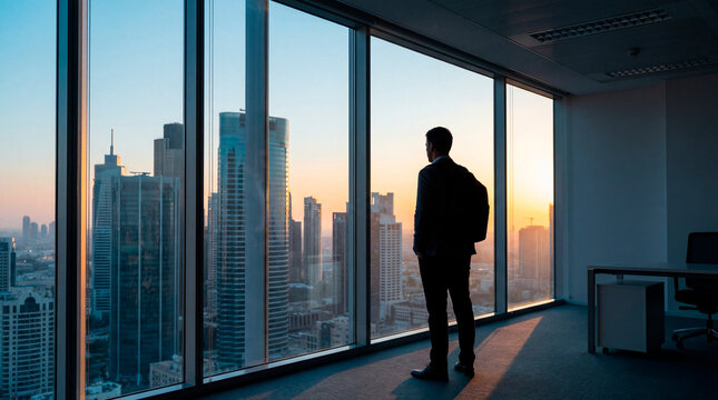 Businessman silhouette standing at floor to ceiling window overlooking downtown city skyline