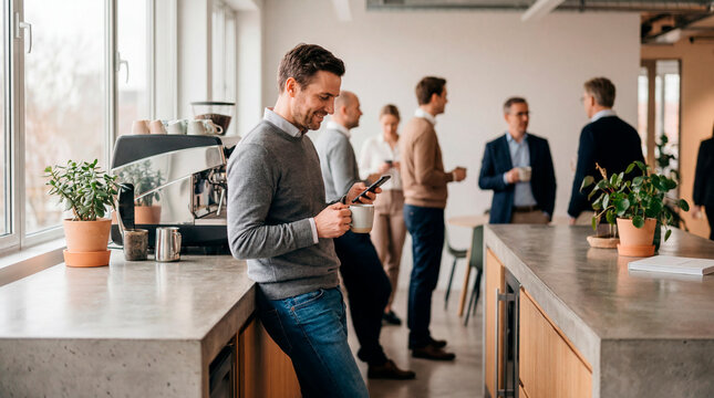 Businessman using smartphone in modern office kitchen during casual team coffee break