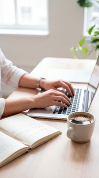 Close up hands typing on laptop keyboard beside coffee cup and notebook on desk