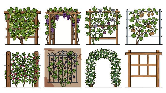 Assorted Garden Trellis Structures with Climbing Plants and Fruiting Vines for Landscaping Design
