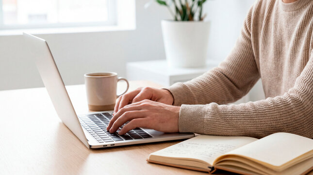 Person typing on laptop at minimalist wooden desk with coffee and open notebook